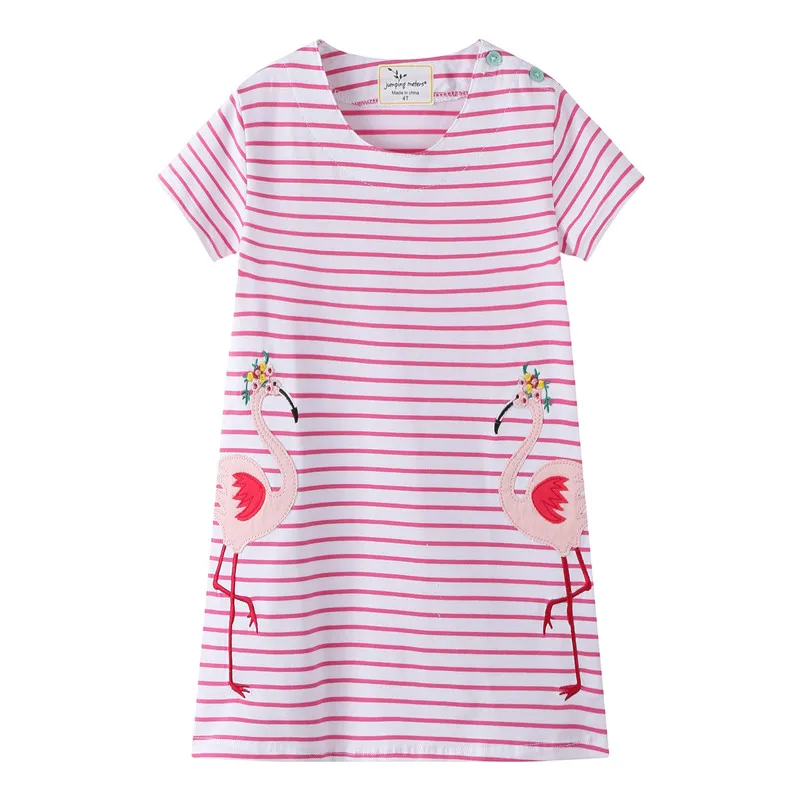 

Jumping meters new striped Flamingo cartoon clothes short sleeves summer dresses applique Flamingo cotton clothing 2-7T 2019