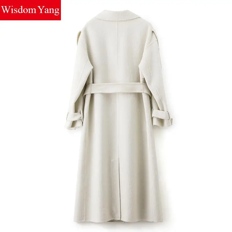Wisdom Yang женские пальто из овечьей шерсти Альпака белый теплый зимний элегантный Тренч с поясом длинное шерстяное пальто куртки Casacos
