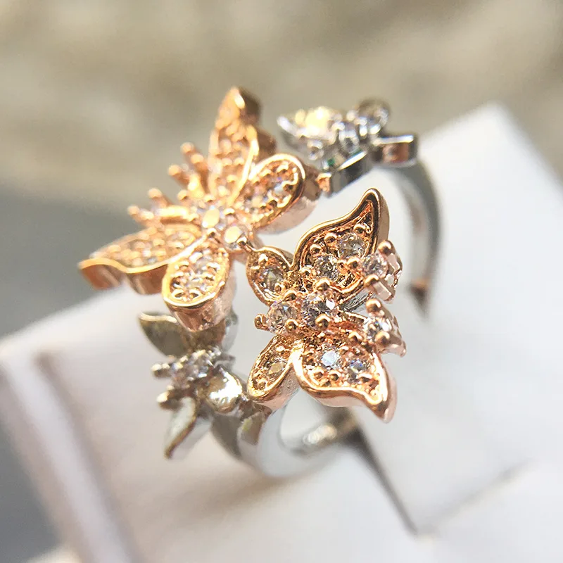 

Bamos Cute Female Girls Rose Gold Butterfly Ring Luxury 925 Sterling Silver CZ Stone Ring Vintage Wedding Rings For Women