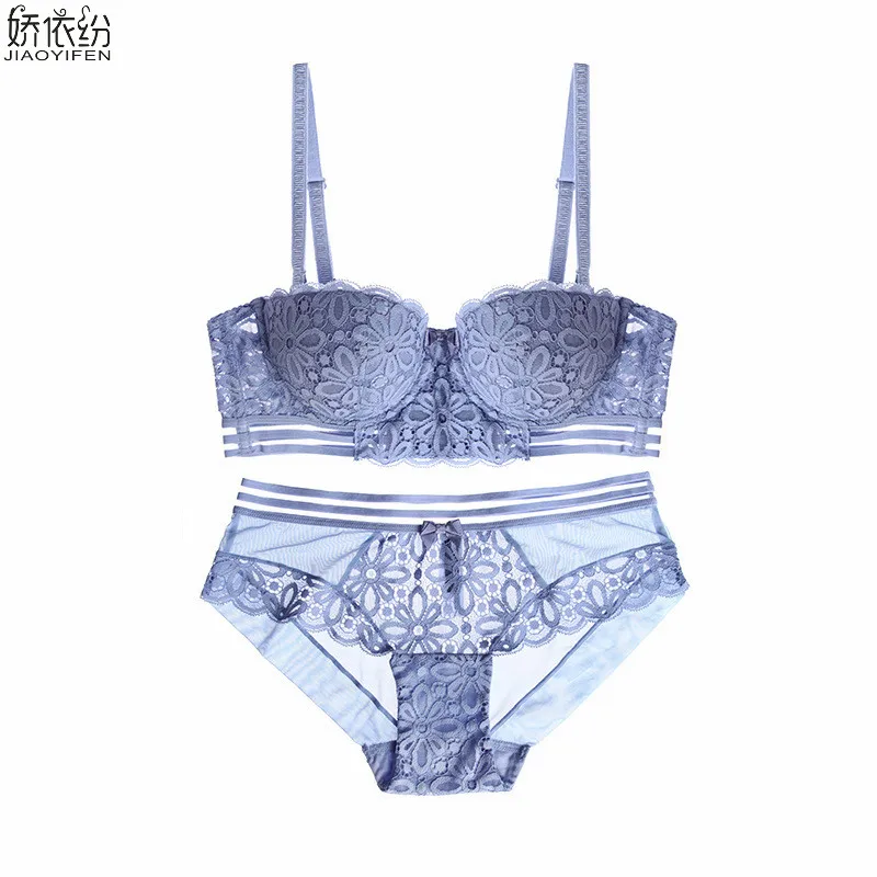 

JYF Europe Hot Sale Sexy Lace Bra Set Floral Embroidery Half Cup Women Underwear Set Top Padded Push Up Bra Brief Sets