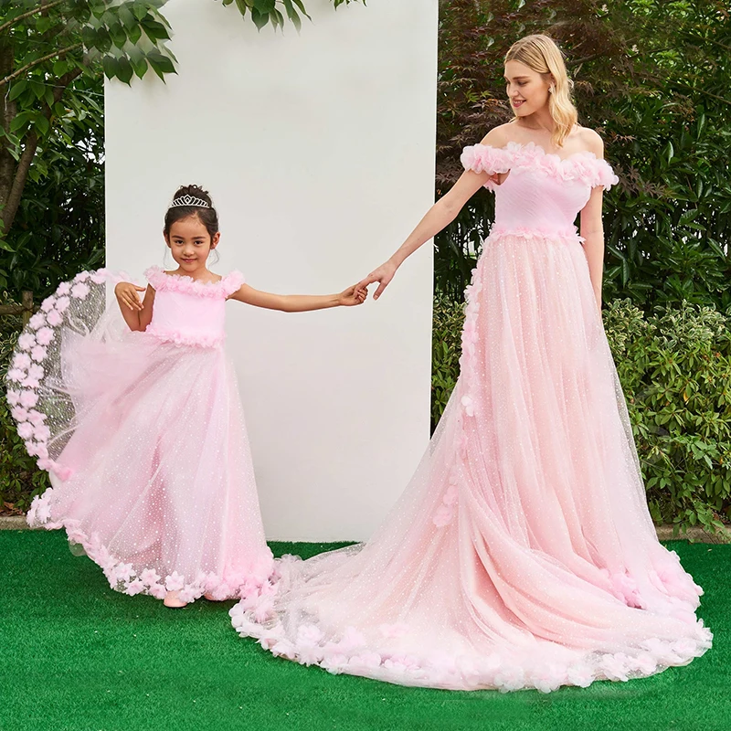 Свадебные платья для мамы и дочки; вечерние платья для мамы и дочки; одежда для семьи; семейный образ; розовое длинное платье для мамы и дочки