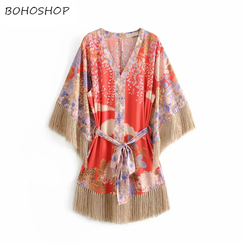 

Vintage chic women floral print deep V-neck sashes Bohemian mini dress ladies batwing sleeve tassel Boho dresses vestidos