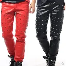 27-38! Плюс Размер ночной клуб бар Мужская Новая певица одежда ди-джей GD тонкий панк кожа с заклепками Мужские Брюки Сценические костюмы