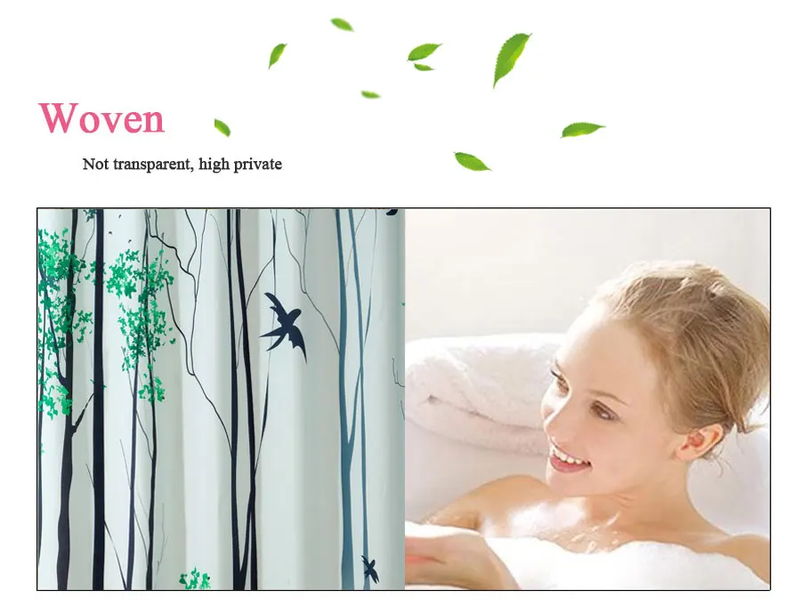 Shower Curtain with Birch TreesGreen Leaves Printed _06