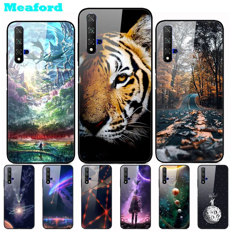 

For Huawei Honor 20 Case on Honor 20 Tempered Glass Cover Print Hard Back Case for Huawei Honor 20 Lite TPU Bumper Honor20 Pro