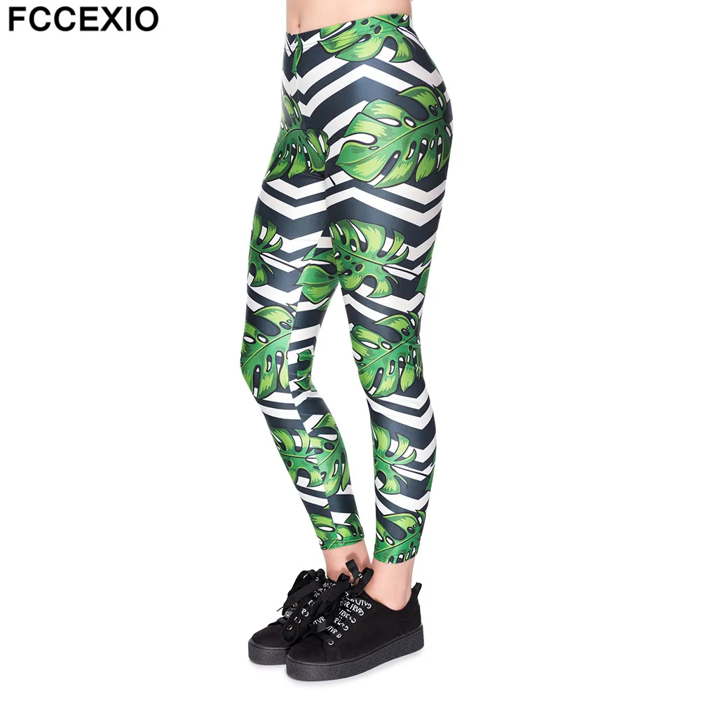 

FCCEXIO New Women Fitness Leggings Workout Leggins Punk Legging Slim High Waist Strange Weeds 3D Print Fashion Push up Pants