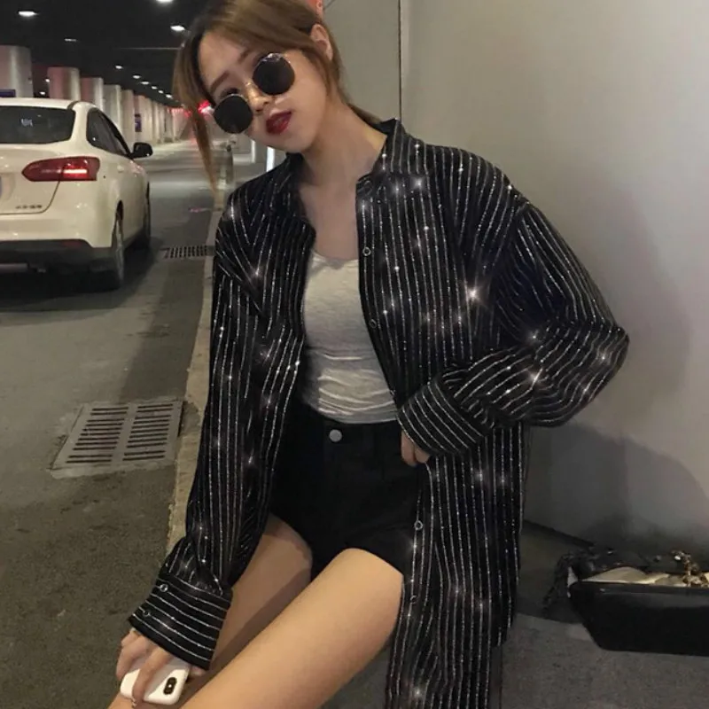 

Chic Women Silver Striped Velvet Shirts Sequins Blouse Long Sleeve Glitter Cardigan Tops Single-breasted Femme Bluses Blusas