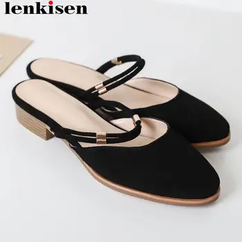 

Lenkisen genuine leather low heels round toe slip on mules slingback women sandals concise design retro party casual shoes L47