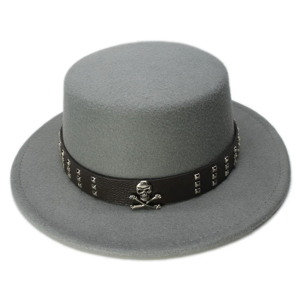 LUCKYLIANJI Kid Children Vintage 100% Wool Wide Brim Top Cap Pork Pie Pork-pie Bowler Hat Skull Bead Leather Band (54cm/Adjust) grey fedora