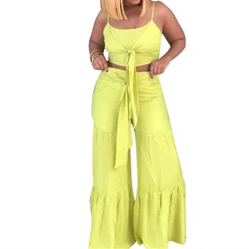 

2019 Solid Women Summer Casual Two Piece Set Front Tie Spaghetti Straps Crop Top And Wide Leg Pants Beach Suit Outfits