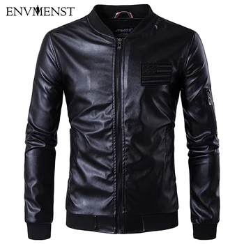 

PU Leather Jacket Men Stand Collar Autumn New Men's Leather Jacket Men's Slim Fit Sleeve Pocket Leather Black Jacket