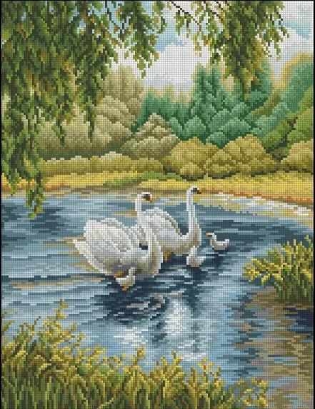 CS-830 cross stitch kit swans pond swan family.jpg