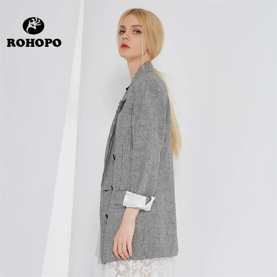 ROHOPO Blazer Women Houndstooth Casual Blazer Female Double Buttons Quality V Neck Outwear Woman Chic Breathable Jacket Girl ROHOPO Blazer Women Houndstooth Casual Blazer Female Double Buttons Quality V Neck Outwear Woman Chic Breathable Jacket Girl