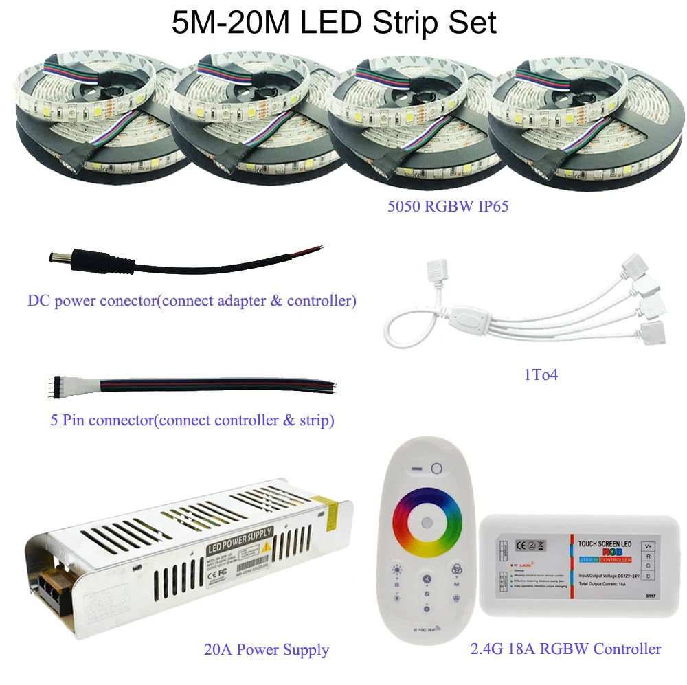 

5M/10M/15M/20M 5050 RGB/RGBW/RGBWW LED Strip Set With 2.4G Touch Screen RF Remote Controller+12V Power Supply Adapter