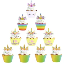 12+12 pcs Baby Birthday Cartoon Unicorn Cake Topper DIY Handmade Cupcake Rainbow Wrappers Wedding Party Cake Decor Supplies