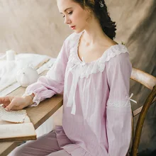 Хлопок пижамный комплект весна осень длинные рукава брюки пижамы Кружева Лук Принцесса сексуальная пижама женские пижамы Домашняя одежда