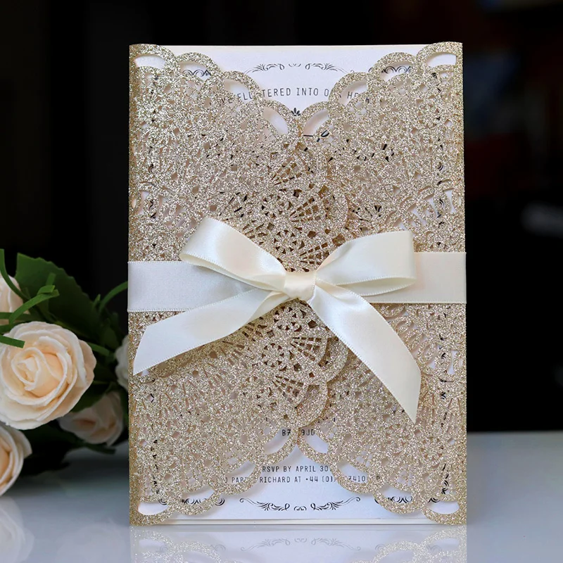 

100pcs Gold Laser Cut Wedding Invitations Card Elegant Glitter Greeting Card with Ribbon Birthday Wedding Party Favor Decoration