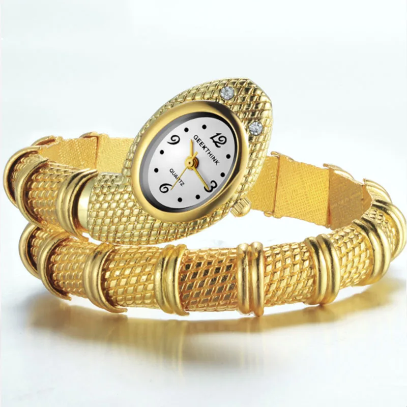 Женские золотые часы-змея браслет в стиле ретро модные классические роскошные кварцевые часы девушка сумка женское платье с поясом часы Рождественский подарок - Цвет: Gold