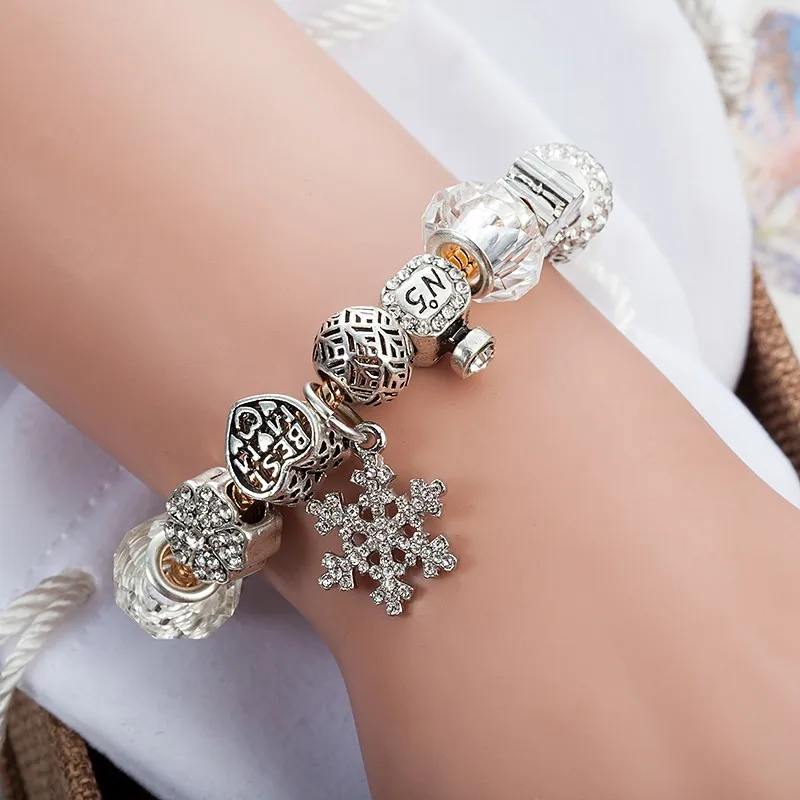 VIOVIA, рождественский подарок, снежинка, очаровательный браслет для женщин, сделай сам, хрустальные бусины, подходят для браслетов и браслетов, ювелирные изделия B16135