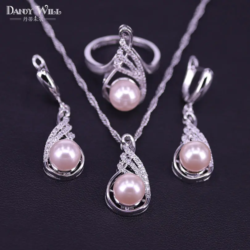 

Pink Pearl zirconia Costume Jewelry Sets silver 925 Ring Pendant Necklace Earrings For Women Designer jewelry Set Gift Box