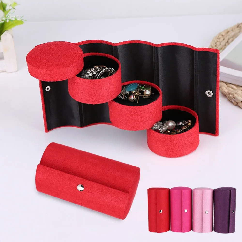 

Multifunctional Fabric 3 layers Jewelry Display Box Cylinder Shape Organizer Flannel Round Portable Travel Storage Case Creative