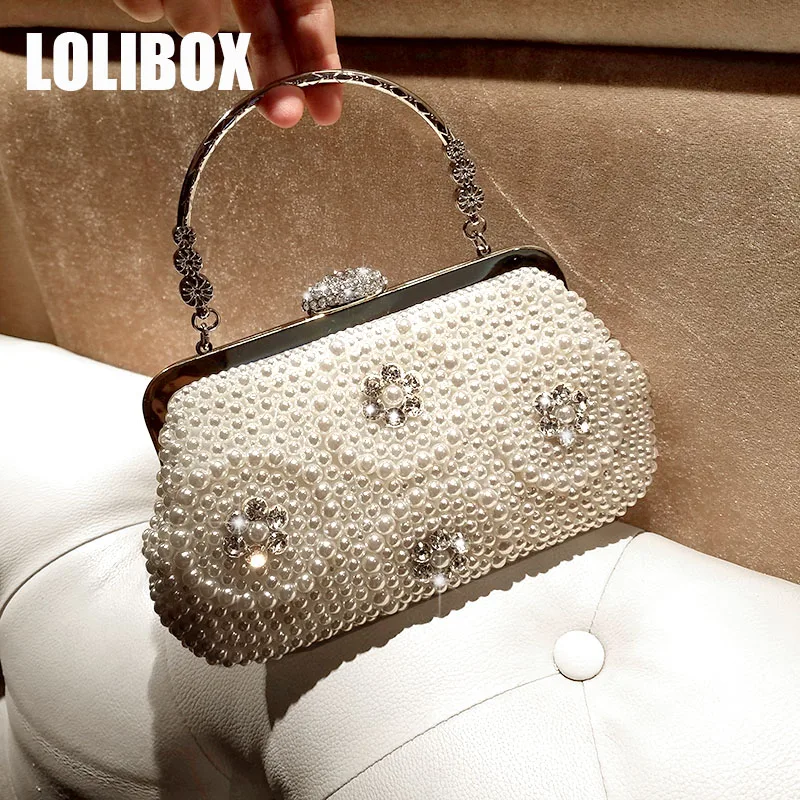 

LOLIBOX Women Bags Rhinestone Pearl Handbags With Metal Carved Handle Crossbody Bags For Women Small Bag Evening Party Bags