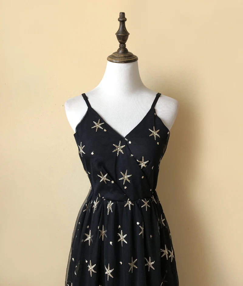 Tingfly вышивка звезды v-образным вырезом Черное винтажное платье-миди женские элегантные вечерние платья летние сетчатые длинные женские платья
