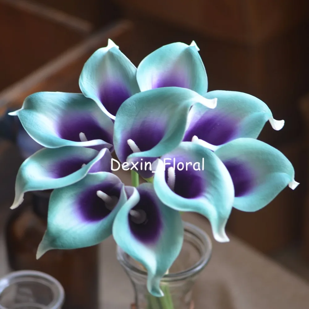 40PCS Teal Picasso Calla Lily Real Touch Flowers For Bridal Wedding Bouquets 