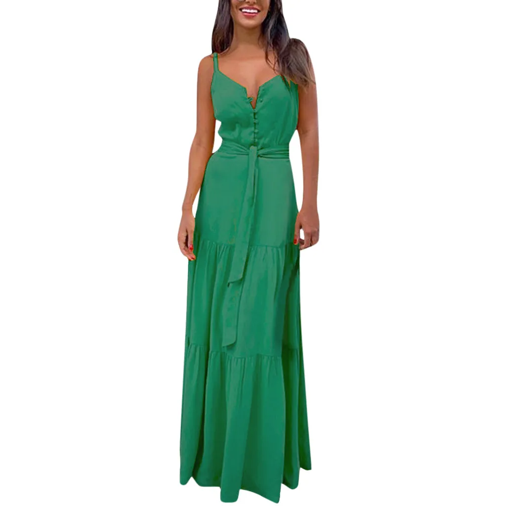 

Loose Solid Summer Boho Sleeveless Dress Strappy V-neck Bandage Formal Evening Party Vacation Beach Casual Long Dress 2019