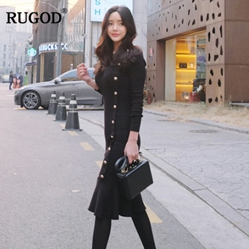 Осенне зимнее трикотажное платье RUGOD 2019 женское элегантное дизайнерское с