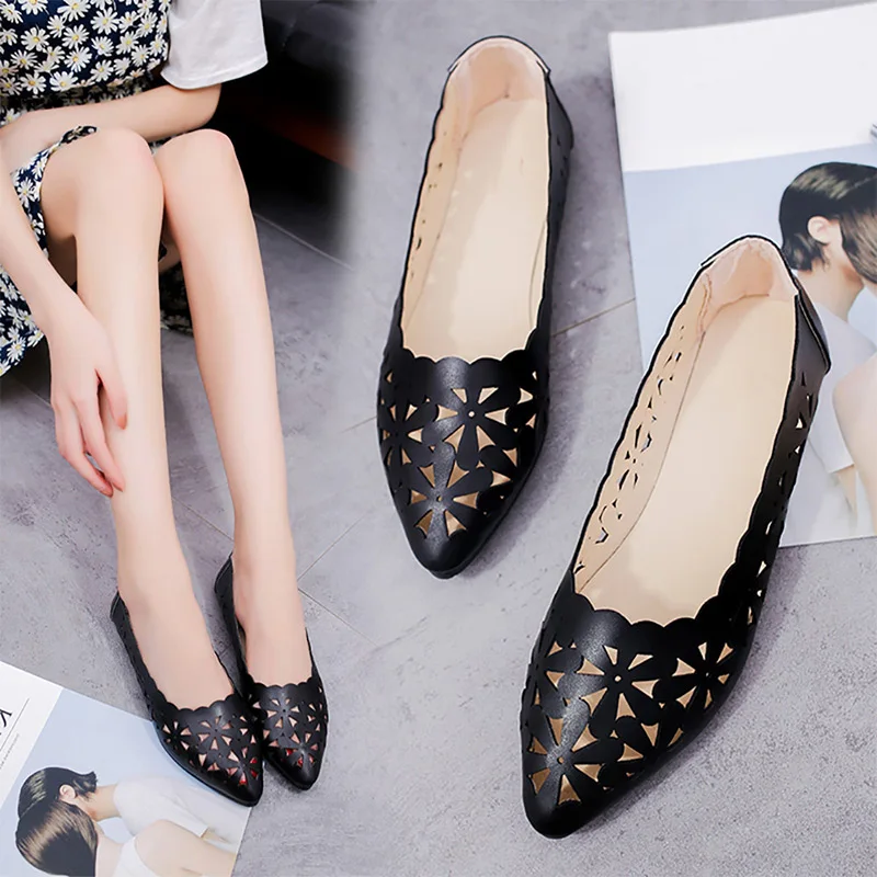 

2019 Women's Pumps New Fashion Spring Summer Sandals Shallow Slip On Shoes Hollow Out Flower Shape Nude Pointed Toe Shoes