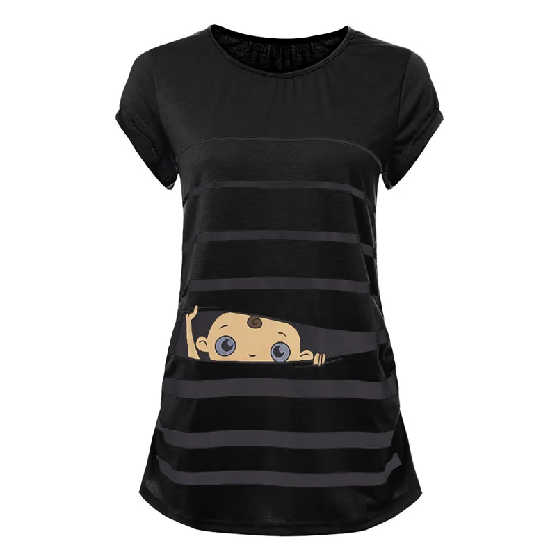 Одежда для беременных с забавным принтом, в полоску, с короткими рукавами, ropa mujer, Одежда для беременных WomenD4 - Цвет: Черный