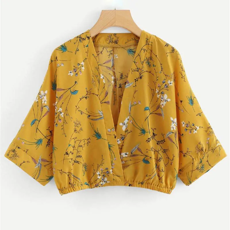 Chiffon Blouse Three-quarter Sleeve Floral Print Blouse Deep V-neck Lady Office Shirt Tunic Casual Loose Tops Blusas C1027