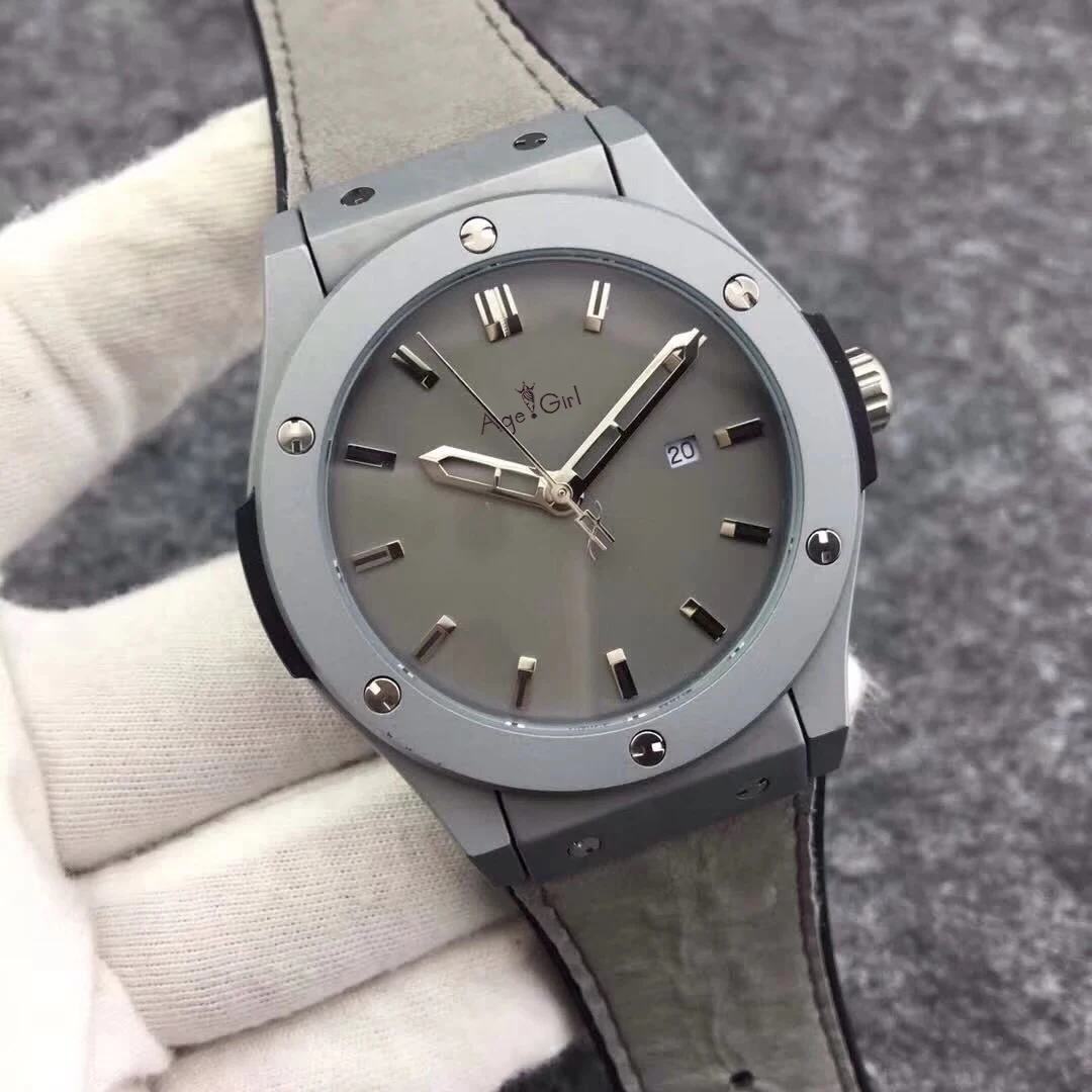 

Luxury Brand New Fashion Men Watch Automatic Mechanical Stainless Steel Watches Silver Grey Calendar Black Leather Rose Gold
