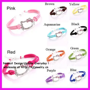 

30PCS Crystal Gold Hello Kitty Charm Girls Ladies Leather Rope Friendship Bracelet with 5 Colors Gift