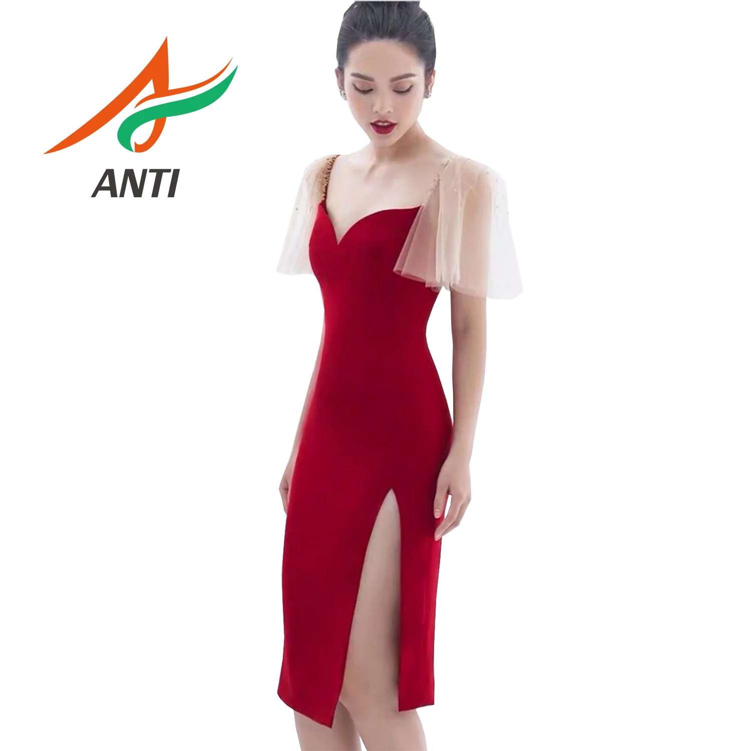 

ANTI Red Sexy V Neck 2019 High Split Cap Sleeve Graduation Dresses Short Sleeve Backless Vintage Satin vestidos de graduacion