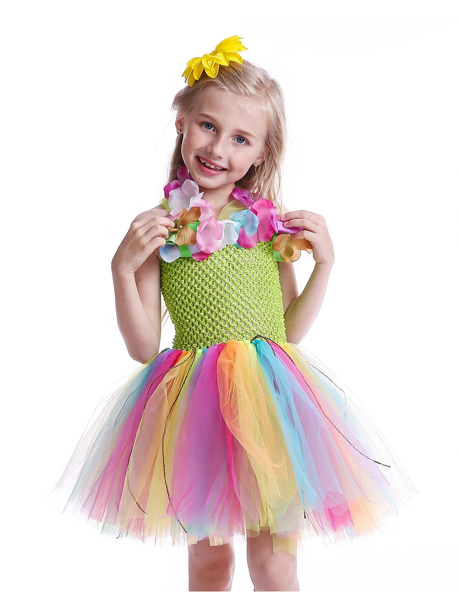 Hula Syle Girls Rainbow Colored Tutu Dress with Flower Necklace Kids Birthday Party Pageant Costume Handmade Sweet Tulle Dress (8)
