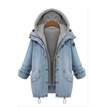 Женское зимнее теплое пальто с капюшоном Съемная куртка из 2 предметов джинсовый Тренч парка верхняя одежда размера плюс 4xL