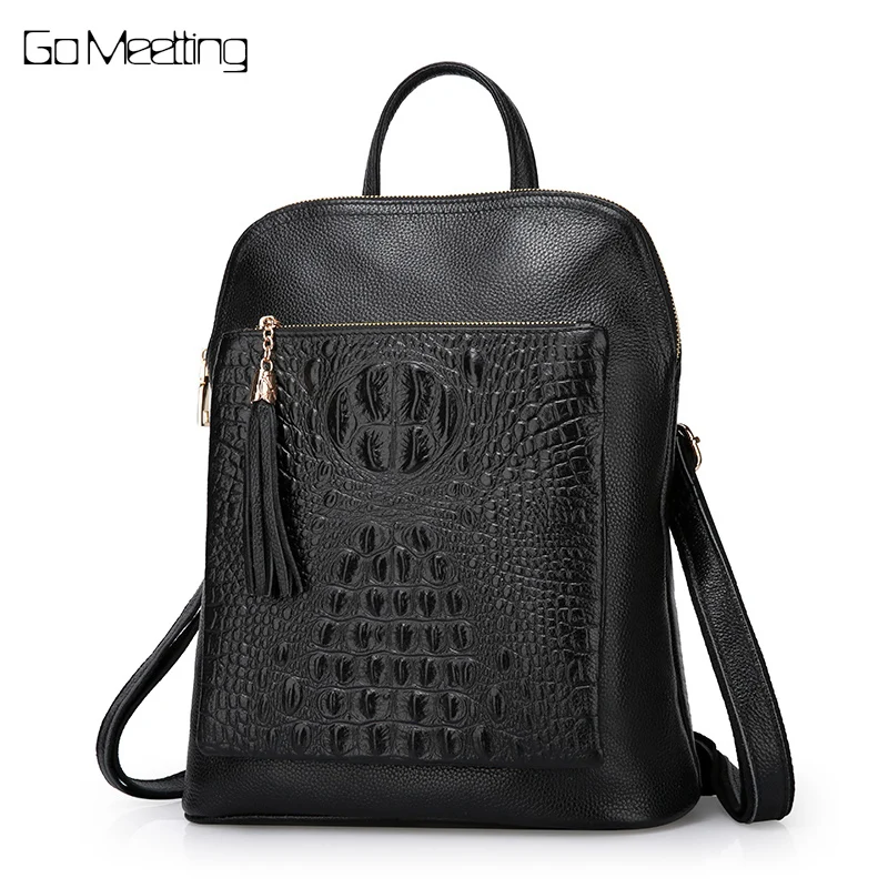 

Go Meetting Genuine Leather Fashion Women Backpack Alligator Female Travel Shoulder Bag Knapsack Girl's Schoolbag Mochilas