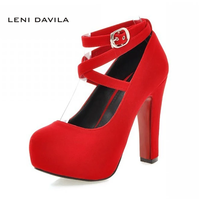 LENI DAVILA Women Fashion Ankle-Strap Platform Round Toe Flock Pumps Lady Party High Heel Princess shoes for women Size 34-43 | Обувь