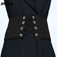 Aproms Sexy Lace Up Women Cummerbund Belt Corset Vintage Criss-cross Bandage Waistband Accessories Streetwear Black Wide Belt