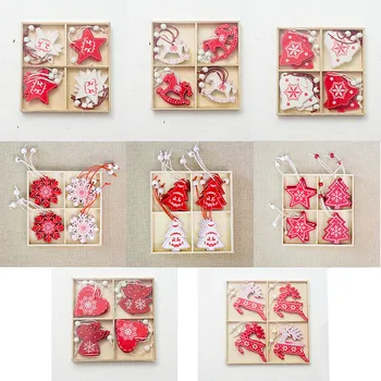 

12pcs/set White Red Christmas Tree Ornament Wooden Hanging Pendants Angel Snow Bell Elk Star Christmas Decorations for Home