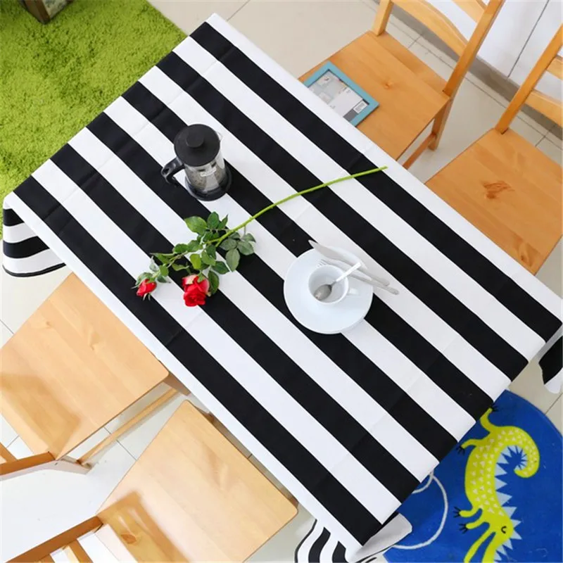 

Black White Stripes Decorative Cloth Linen Cotton Tablecloth Home Dining Table Cover Dustproof Washable Decor