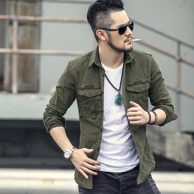 

Spring New men's Casual Shirt Formal Fashion Long Sleeve Brand Business Army green Men slim fit uniform shirt S2139