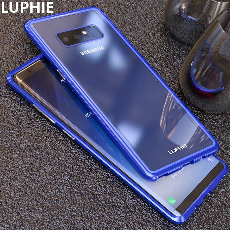 

Luphie For Samsung Note 8 Case Cover Luxury Hard Magnetic Metal Frame Transparent Glass Back Phone Case for Note 8 Cover Capa