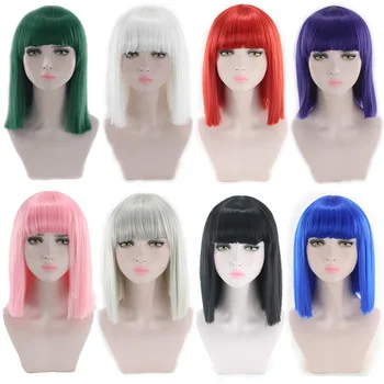 Parrucca corta sintetica con frangia, parrucche cosplay per donna, parrucca bob liscia coreana, rosa, rosso, marrone, blu, verde, bianco, viola, grigio