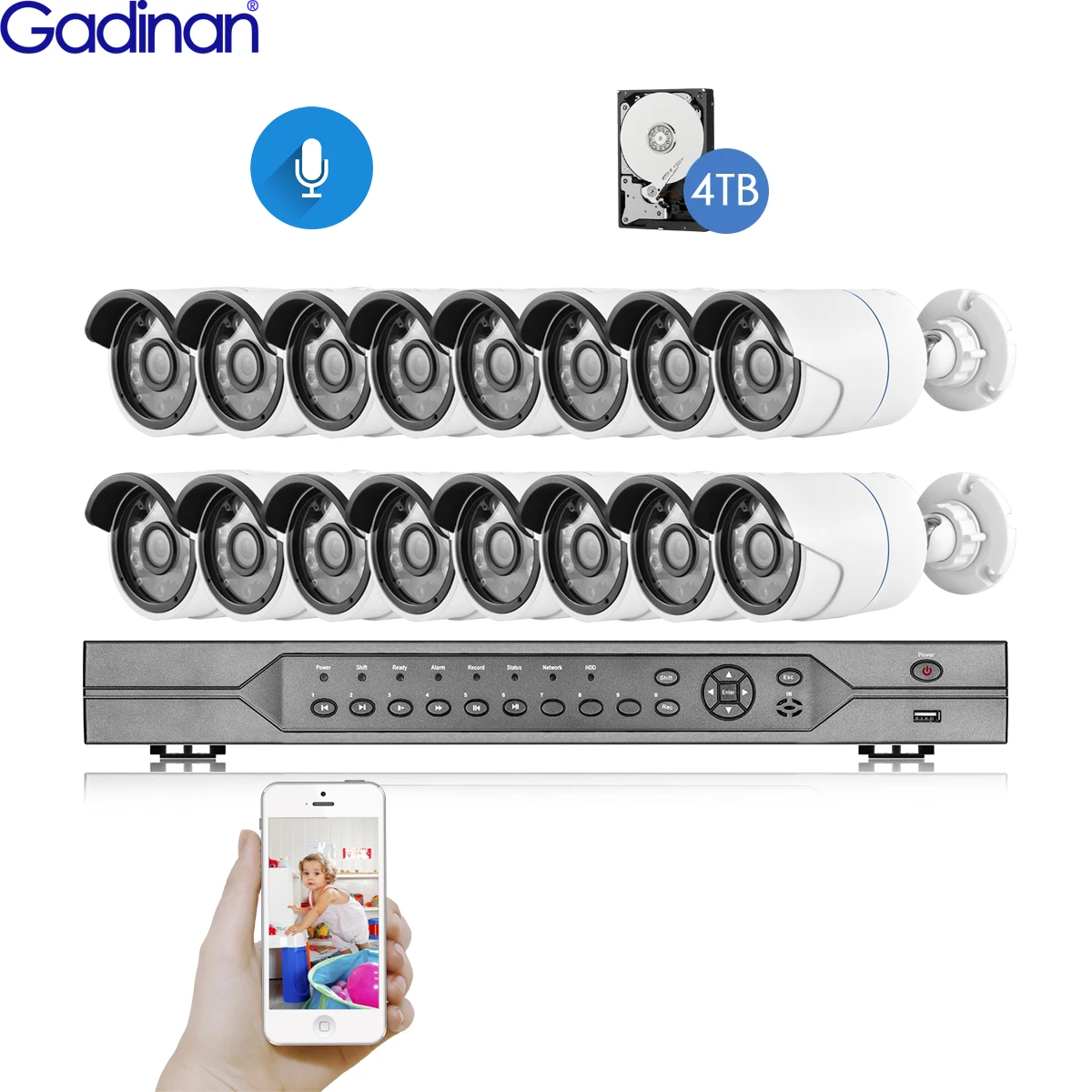  Gadinan H.265 Surveillance IP Camera 16CH POE System 5MP 335E 4MP 2MP Bullet Waterproof Cameras Kit