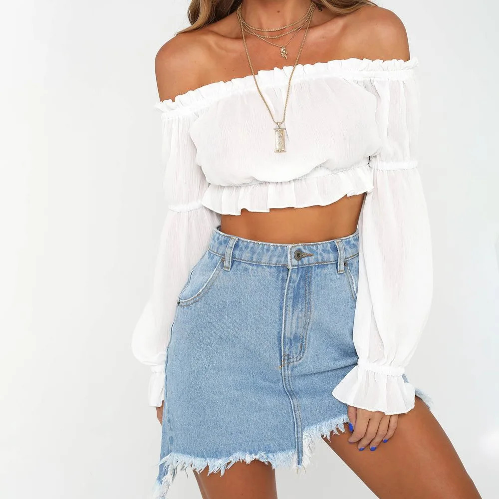 

Slash Neck T Shirt Autumn Women Puff Selvedge Off Shoulder Flare Long Sleeve Short Tees Crop Tops