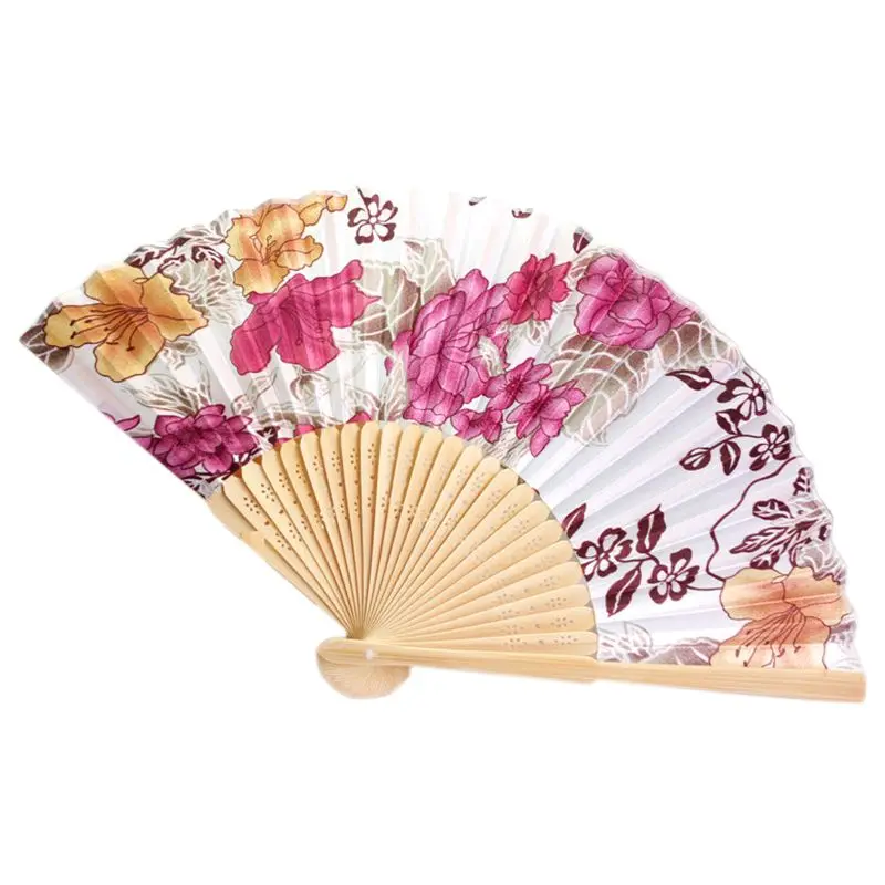 

Chinese Japanese Fold Red Floral Fabric Bamboo Asian Folding Fan