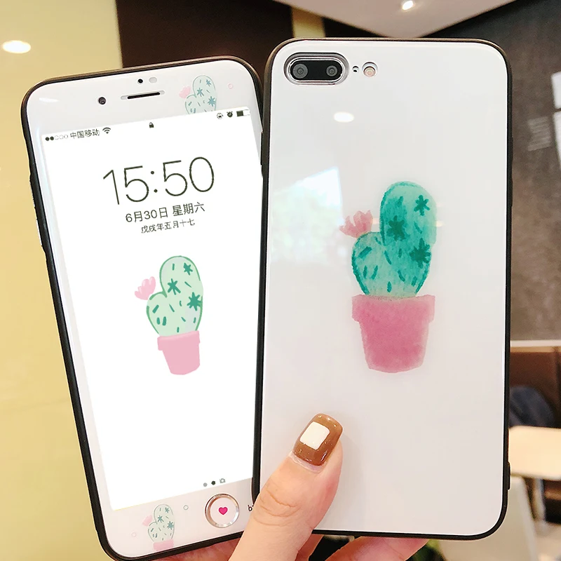 

Cactus For iPhone 8 plus glass back case + front tempered glass for iPhone 6 6splus case for iphone 7 7plus +strap + stickers